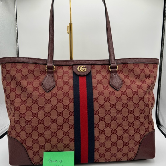 New Authentic Gucci Supreme Ophidia Tote Medium Burgundy GG Web Canvas/Leather - Picture 2 of 5